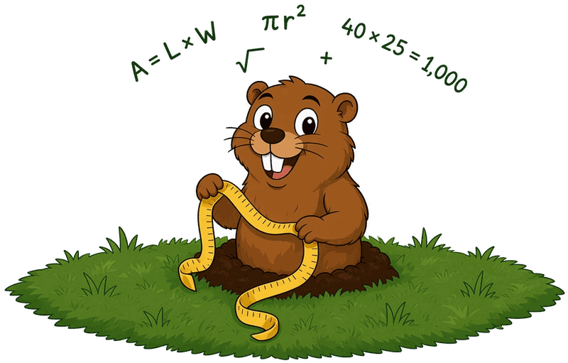 Yard Ruler gopher holding a cloth tape measure with yard math overhead